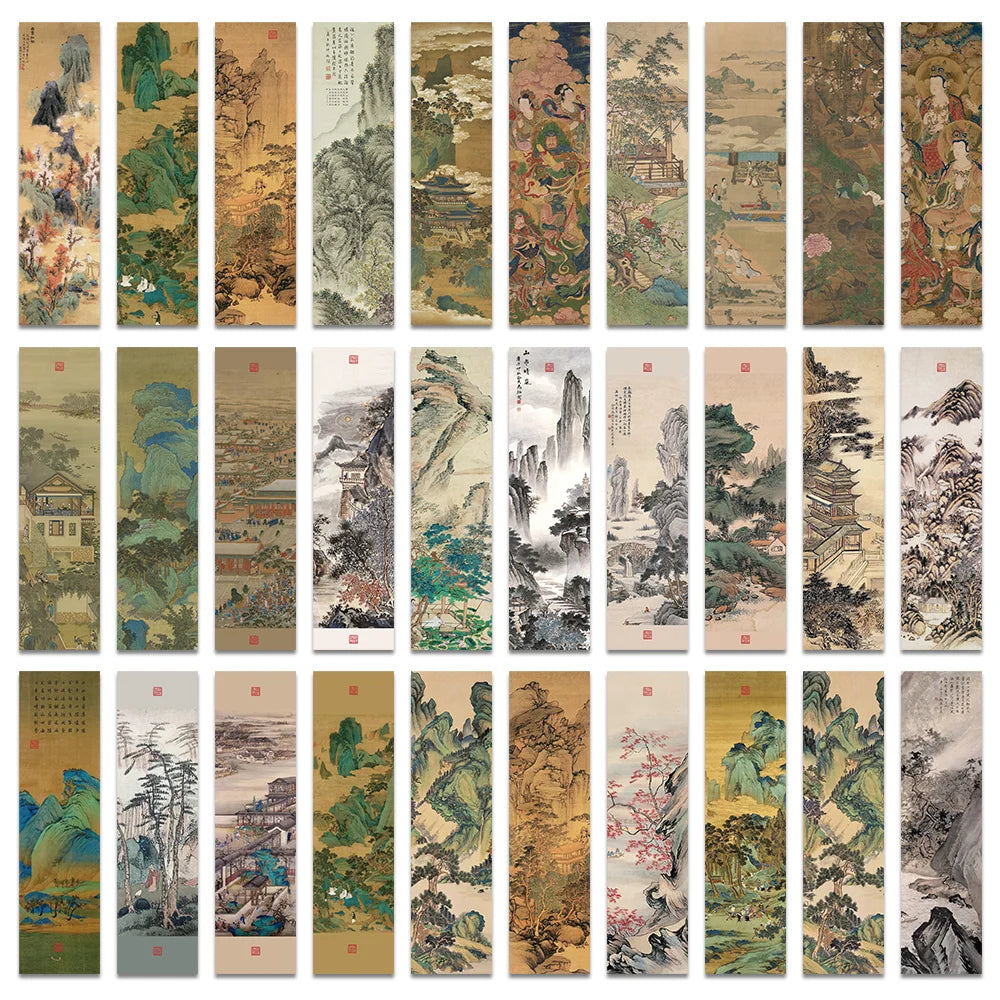 Set of 30 Chinese Calligraphy & Ink Painting Bookmarks – Classical Poetry Design, Elegant Page Markers for Reading & Decoration