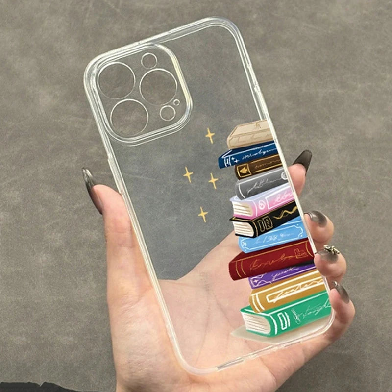 Book Stack iPhone Case – Transparent Soft Silicone Cover for iPhone 11–17 Series