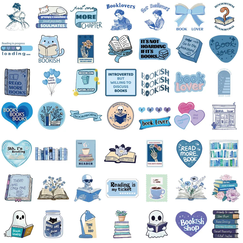50pcs Blue Bookish Aesthetic Stickers – Creative DIY Decor for Laptops, Phones, Journals & More