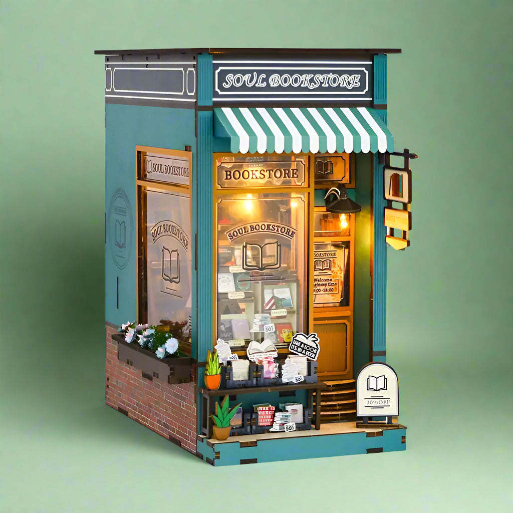 Miniature Wooden Bookshelf Dollhouse – 3D Puzzle & Bookend Set