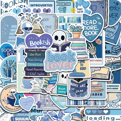 50pcs Blue Bookish Aesthetic Stickers – Creative DIY Decor for Laptops, Phones, Journals & More