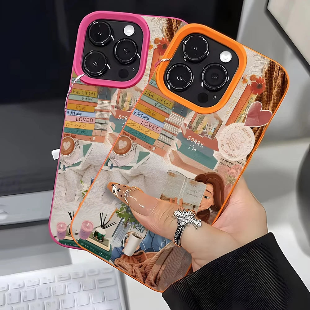 Cosy Bookish Girl Collage iPhone Case – Soft Lychee-Grain Protective Cover for iPhone X–17 Series