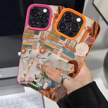 Cosy Bookish Girl Collage iPhone Case – Soft Lychee-Grain Protective Cover for iPhone X–17 Series
