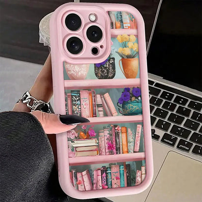 Pink Floral Bookshelf iPhone Case – Shockproof Cover for iPhone 7–17 Pro Max