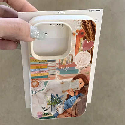 Cosy Bookish Girl Collage iPhone Case – Soft Lychee-Grain Protective Cover for iPhone X–17 Series