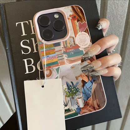 Cosy Bookish Girl Collage iPhone Case – Soft Lychee-Grain Protective Cover for iPhone X–17 Series