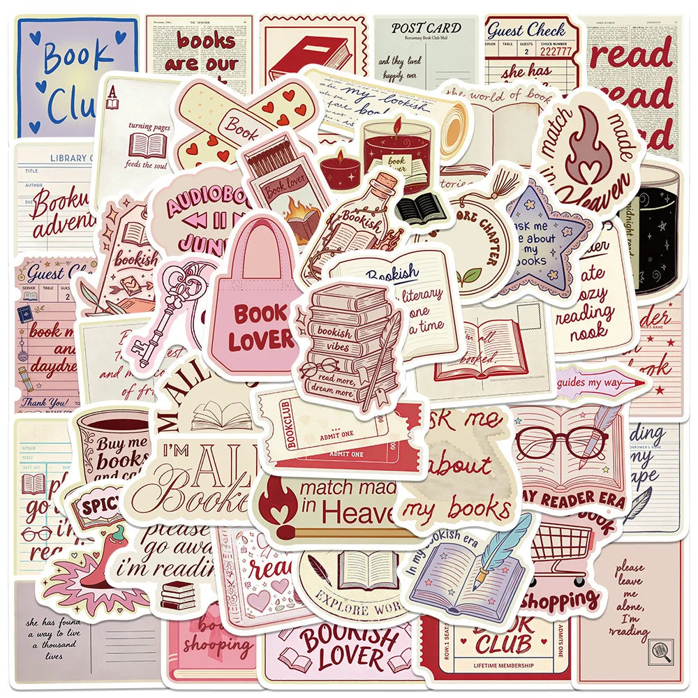 50pcs Literary Daydream Stickers – Cute Reading-Inspired Vinyl Decals for Laptops, Journals & Scrapbooks