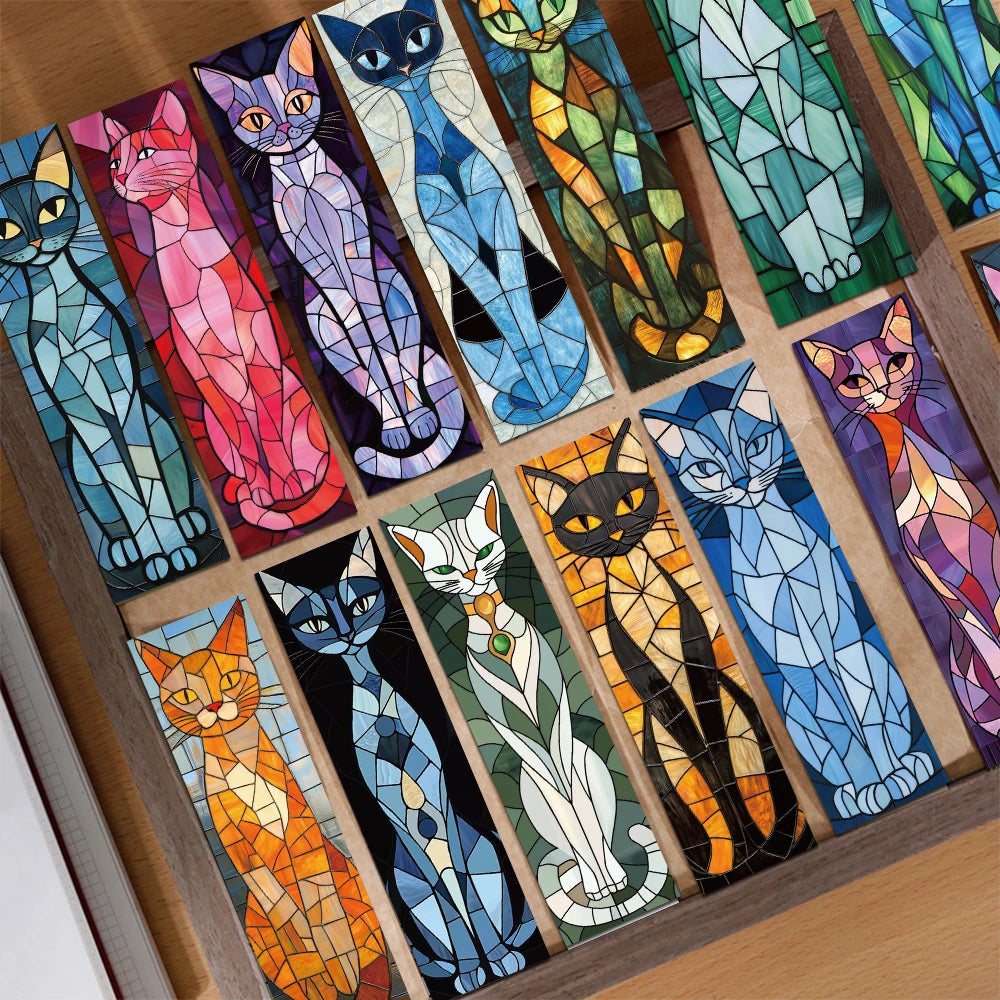 Set of 30 Stained Glass Cat Bookmarks – Aesthetic Cartoon Page Markers for Readers & Book Lovers