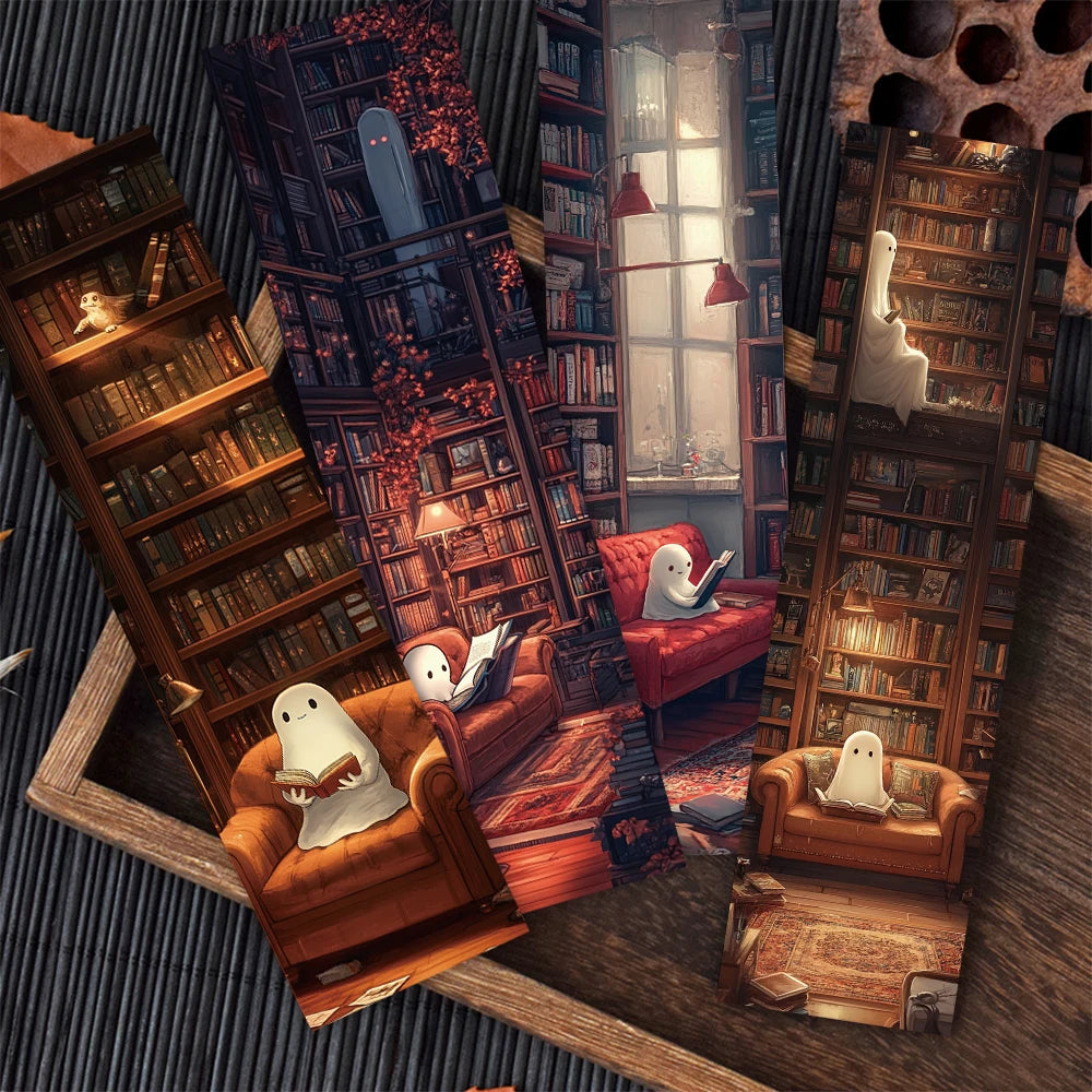 Set of 30 “Ghosts Reading in the Library” Bookmarks – Cute & Spooky Page Markers