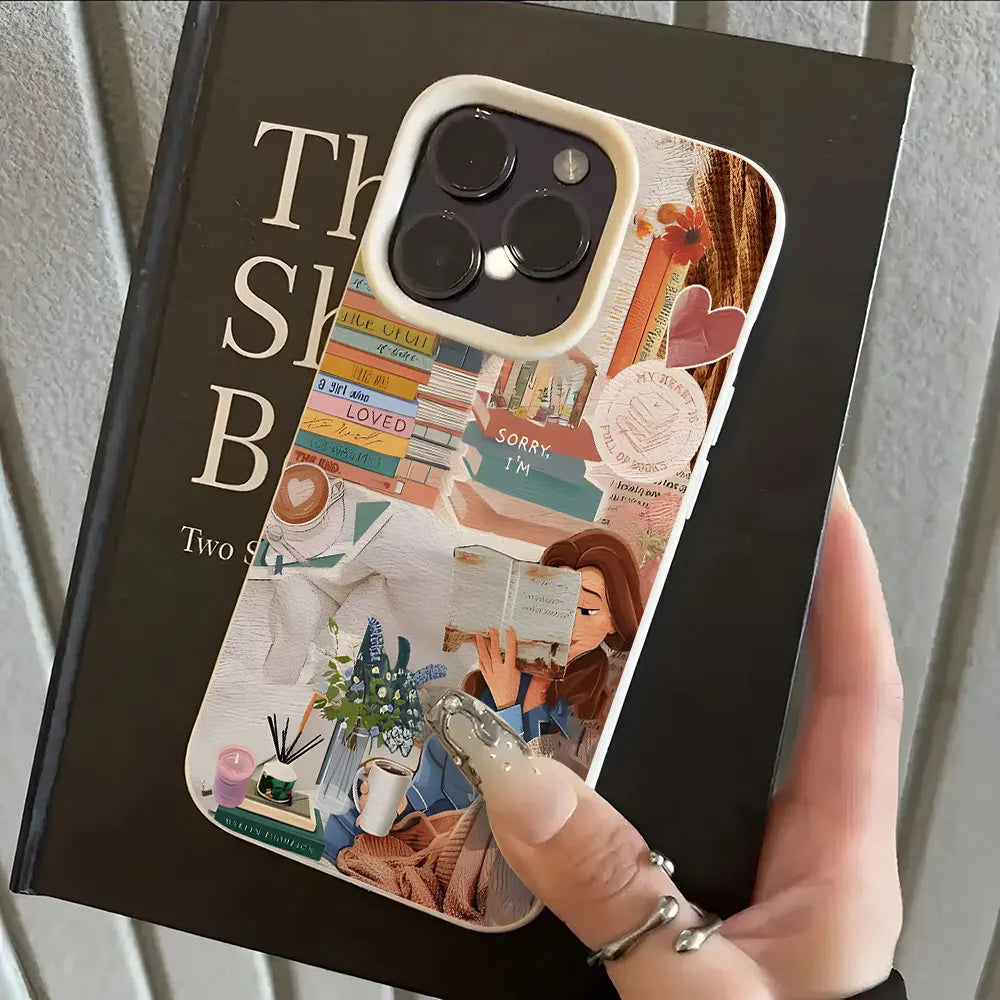 Cosy Bookish Girl Collage iPhone Case – Soft Lychee-Grain Protective Cover for iPhone X–17 Series