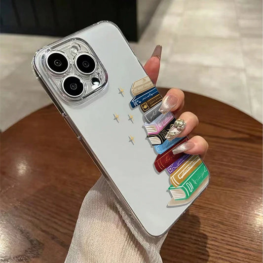 Book Stack iPhone Case – Transparent Soft Silicone Cover for iPhone 11–17 Series