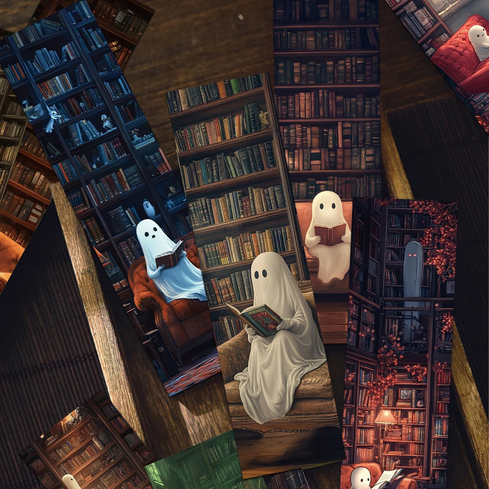 Set of 30 “Ghosts Reading in the Library” Bookmarks – Cute & Spooky Page Markers
