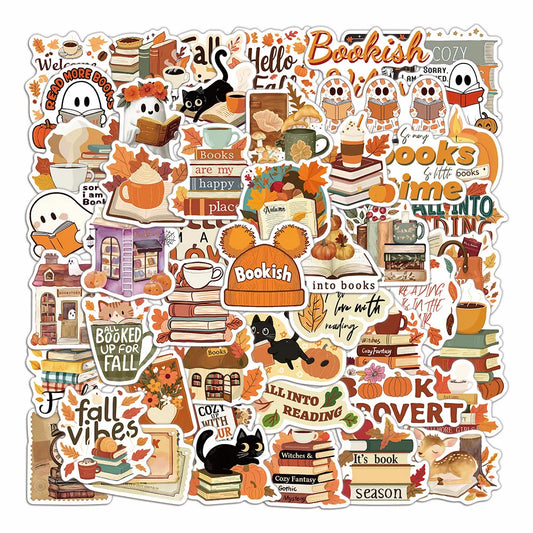 50pcs Autumn Bookish Stickers – Cute Ghost & Book Designs for Notebooks, Scrapbooks & DIY Projects