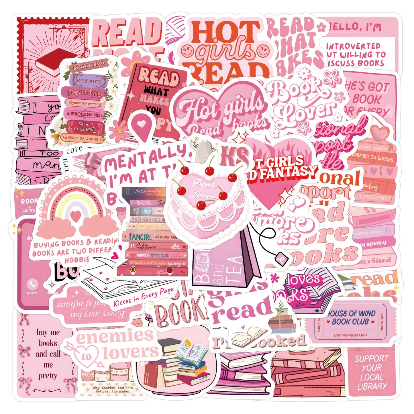 60pcs Pink Bookish Stickers – Cute Reading Stickers for Laptop, Phone, Diary & Water Bottle