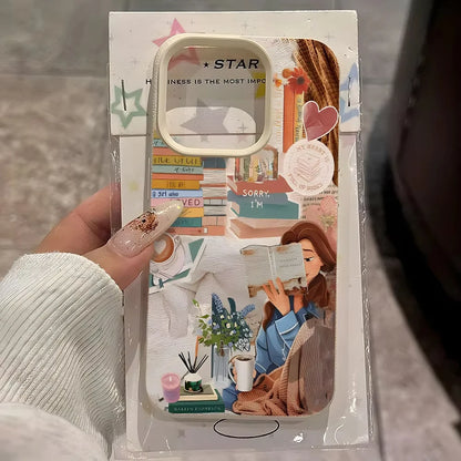 Cosy Bookish Girl Collage iPhone Case – Soft Lychee-Grain Protective Cover for iPhone X–17 Series