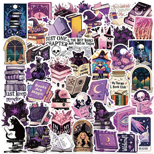 50pcs Purple Bookish Aesthetic Stickers – Magical Reading-Themed Decals for Notebooks, Luggage, Scrapbooking & More