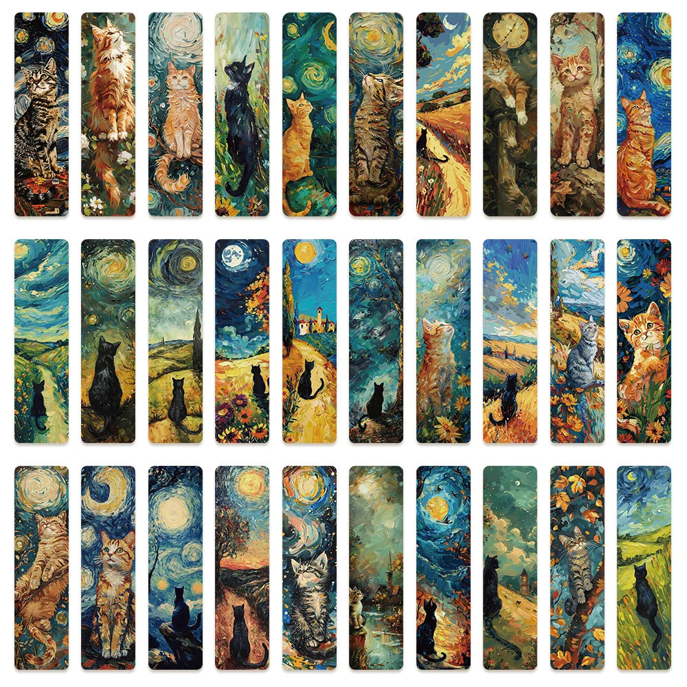 Set of 30 Oil Painting Cat Bookmarks – Artistic Starry Night-Inspired Page Markers for Book Lovers