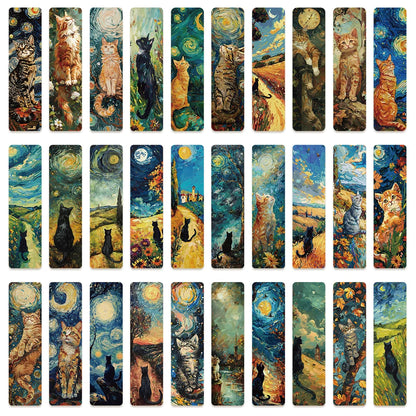 Set of 30 Oil Painting Cat Bookmarks – Artistic Starry Night-Inspired Page Markers for Book Lovers