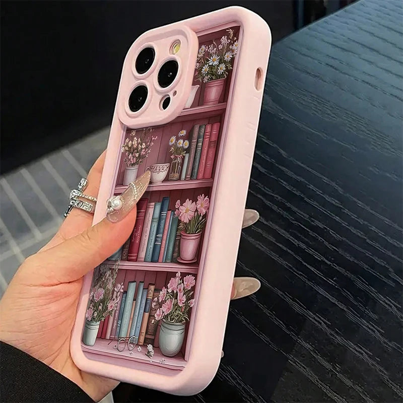 Pink Floral Bookshelf iPhone Case – Shockproof Cover for iPhone 7–17 Pro Max