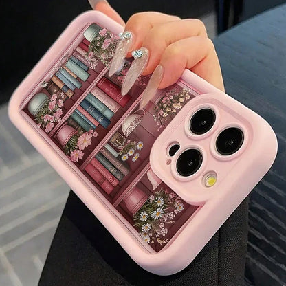 Pink Floral Bookshelf iPhone Case – Shockproof Cover for iPhone 7–17 Pro Max