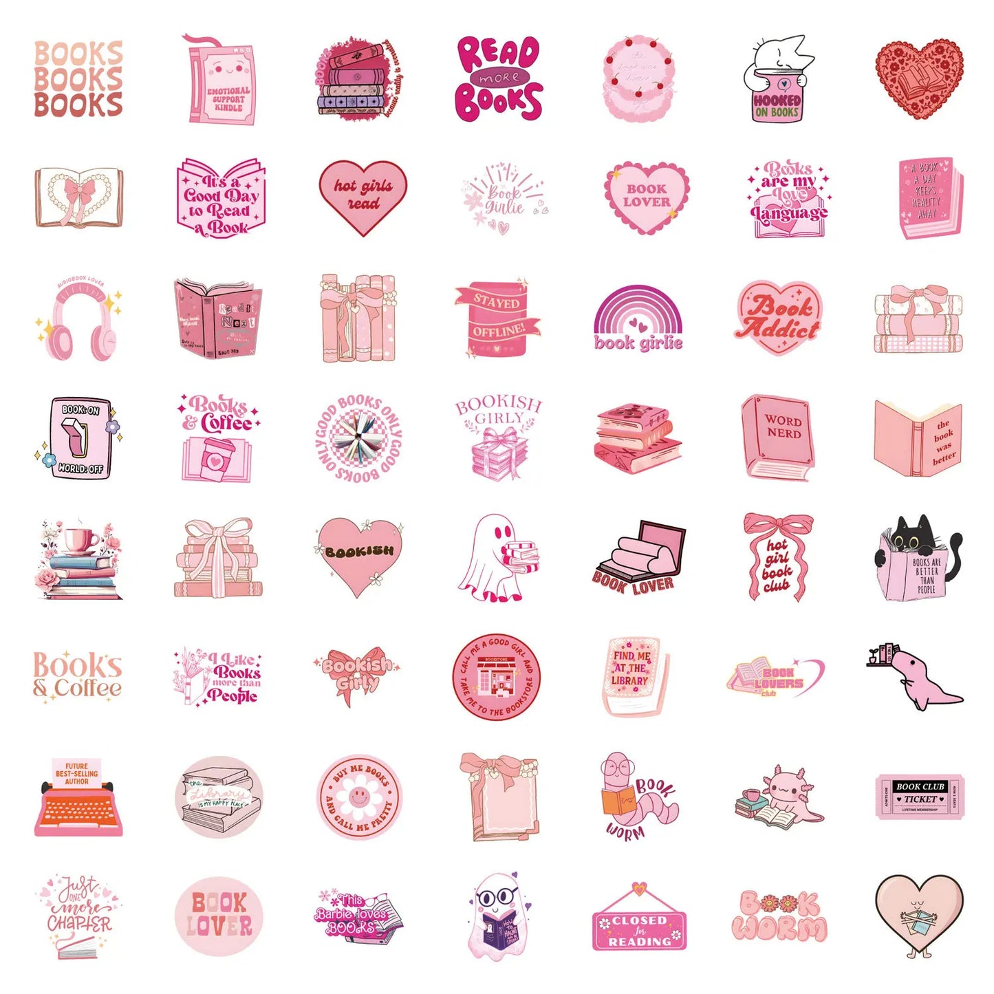 60pcs Pink Bookish Stickers – Cute Reading Stickers for Laptop, Phone, Diary & Water Bottle