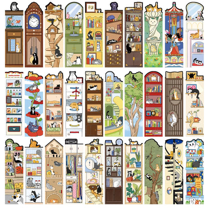Set of 30 or 60 Cute Cartoon Cat Bookmarks – Waterproof Bookmark Cards for Students, Laptops, Luggage & Stationery