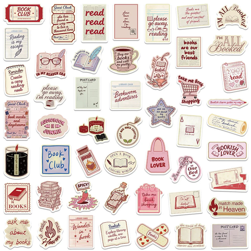 50pcs Literary Daydream Stickers – Cute Reading-Inspired Vinyl Decals for Laptops, Journals & Scrapbooks
