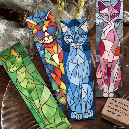 Set of 30 Stained Glass Cat Bookmarks – Aesthetic Cartoon Page Markers for Readers & Book Lovers
