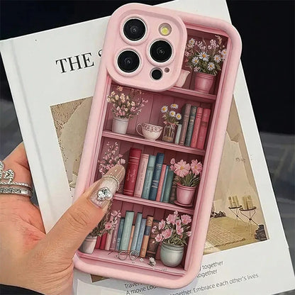 Pink Floral Bookshelf iPhone Case – Shockproof Cover for iPhone 7–17 Pro Max