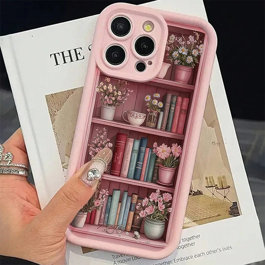 Pink Floral Bookshelf iPhone Case – Shockproof Cover for iPhone 7–17 Pro Max