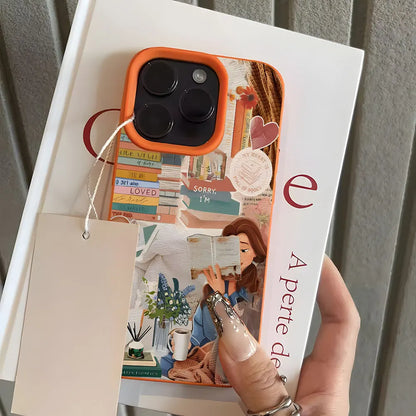 Cosy Bookish Girl Collage iPhone Case – Soft Lychee-Grain Protective Cover for iPhone X–17 Series