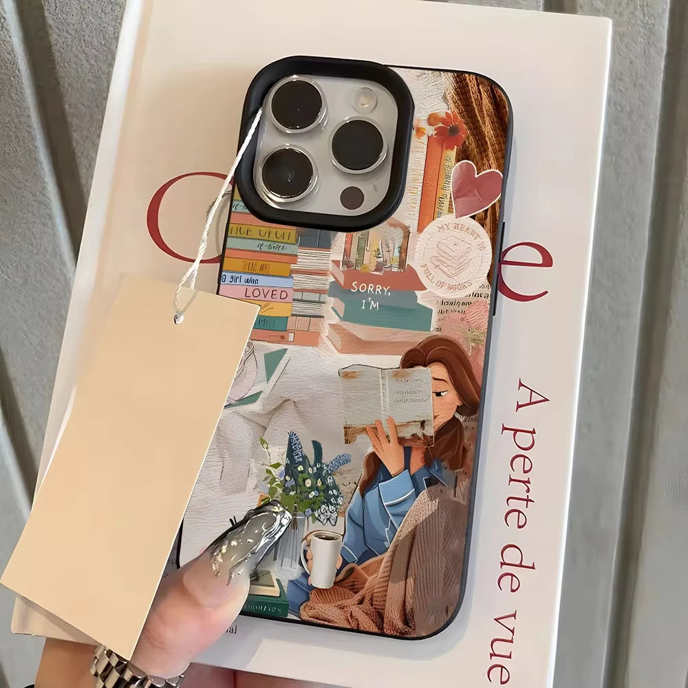 Cosy Bookish Girl Collage iPhone Case – Soft Lychee-Grain Protective Cover for iPhone X–17 Series