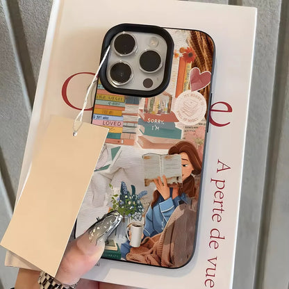 Cosy Bookish Girl Collage iPhone Case – Soft Lychee-Grain Protective Cover for iPhone X–17 Series