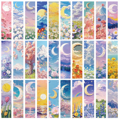 Set of 30 or 60 Oil Painting Style Bookmarks – Dreamy Landscape Art for Book Lovers