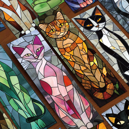 Set of 30 Stained Glass Cat Bookmarks – Aesthetic Cartoon Page Markers for Readers & Book Lovers