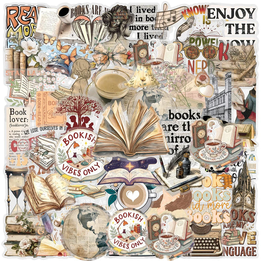 10/30/50pcs Retro Bookish Stickers – Transparent Aesthetic Decoration for Book Lovers, Notebooks, Journals & Luggage