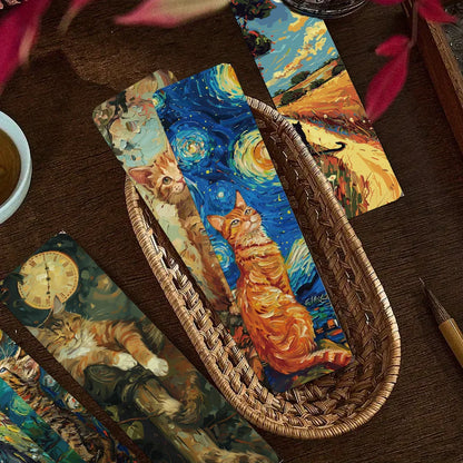 Set of 30 Oil Painting Cat Bookmarks – Artistic Starry Night-Inspired Page Markers for Book Lovers