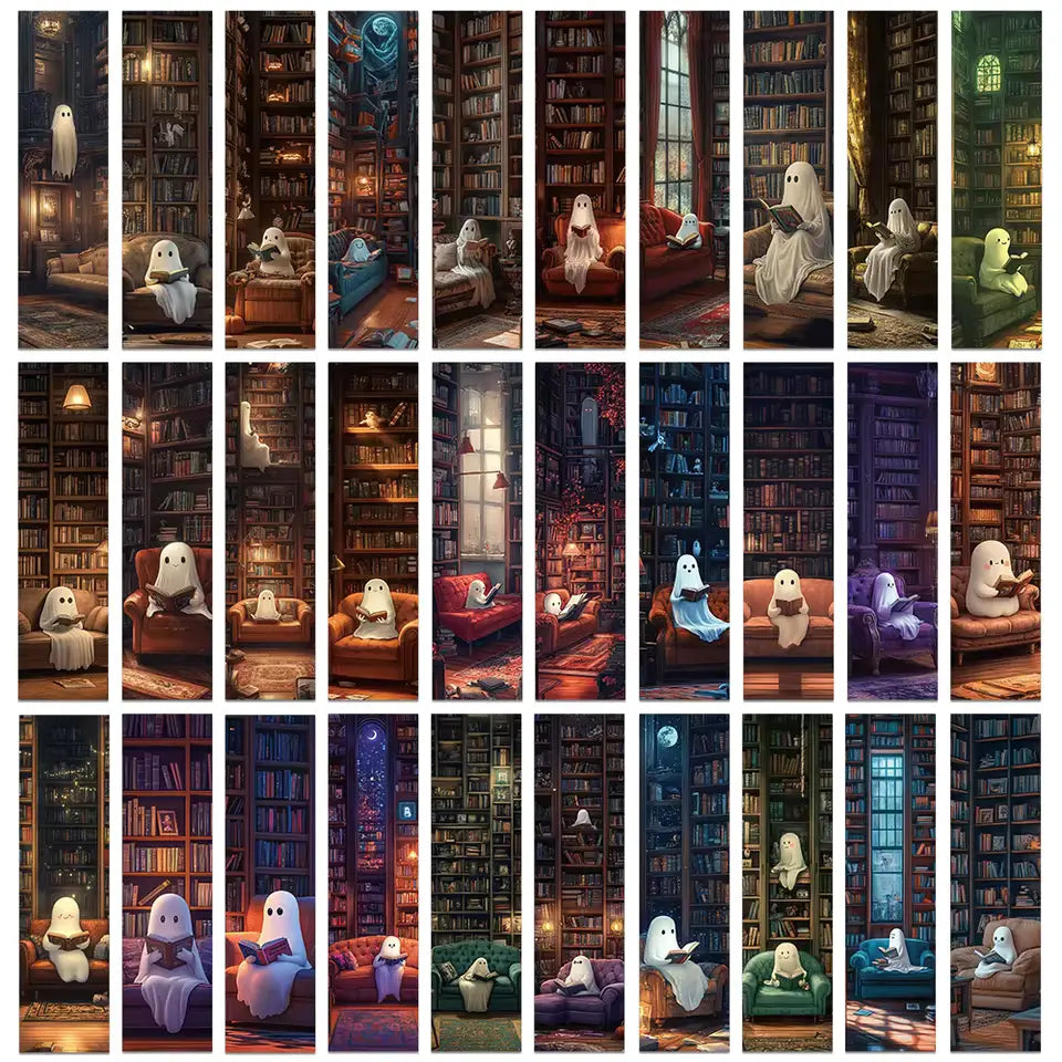 Set of 30 “Ghosts Reading in the Library” Bookmarks – Cute & Spooky Page Markers