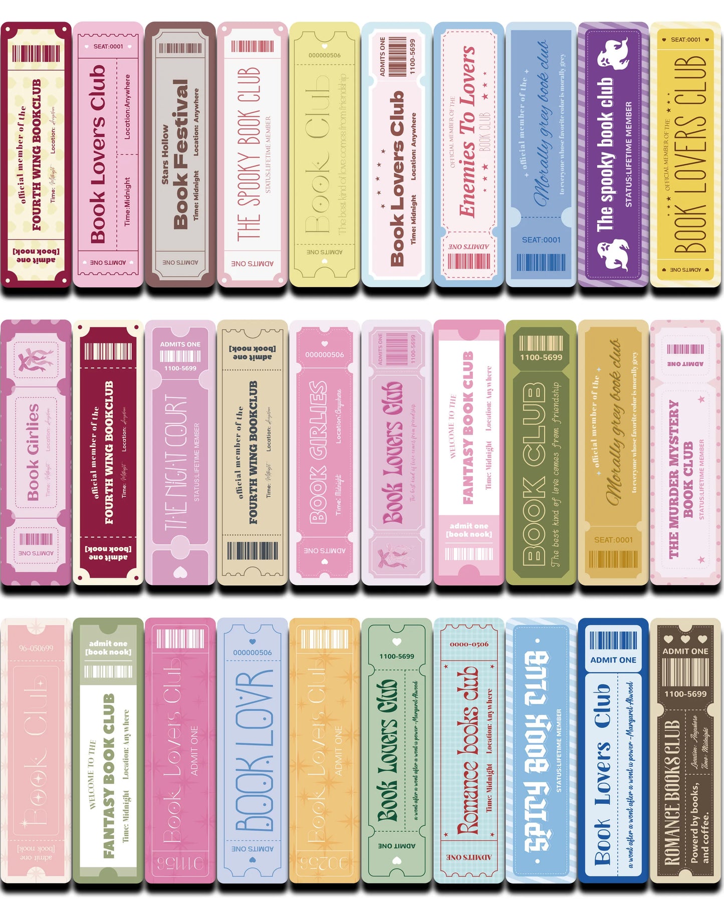 Set of 30 Literary Ticket Bookmarks – Aesthetic Page Markers for Readers