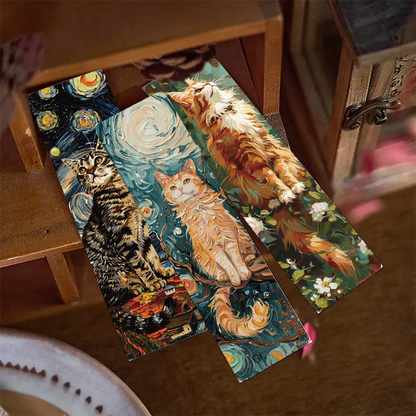 Set of 30 Oil Painting Cat Bookmarks – Artistic Starry Night-Inspired Page Markers for Book Lovers