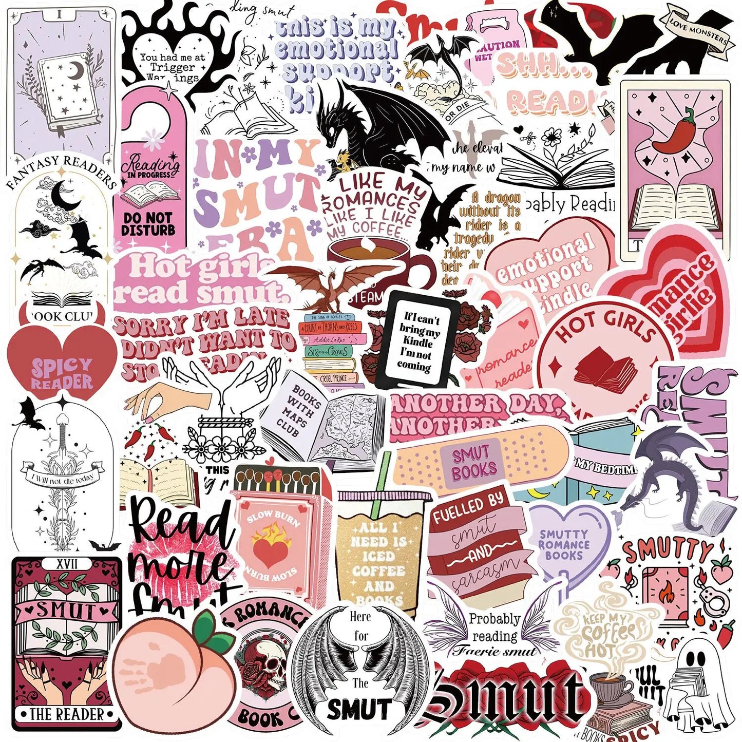 10/50/100pcs Bookish Stickers – Cute & Aesthetic Reader Decals (Includes Smut, Dark Romance & More)