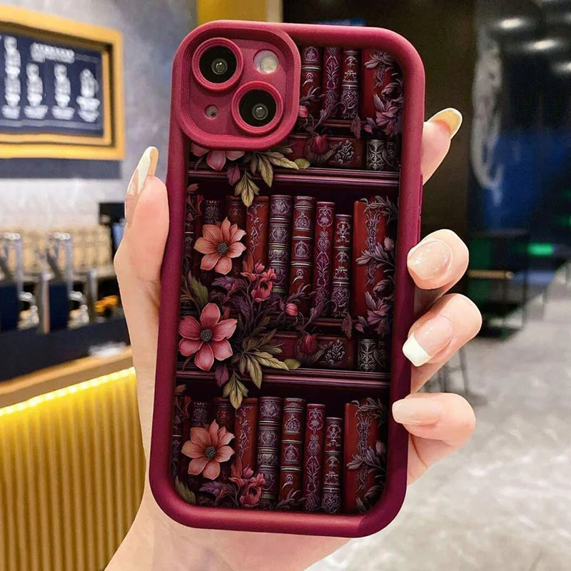 Floral Bookshelf iPhone Case – Shockproof Cover for iPhone 11-17 Pro Max