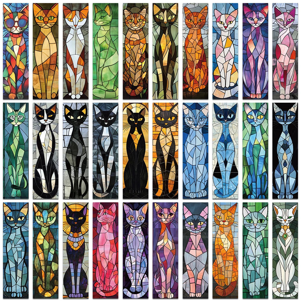 Set of 30 Stained Glass Cat Bookmarks – Aesthetic Cartoon Page Markers for Readers & Book Lovers
