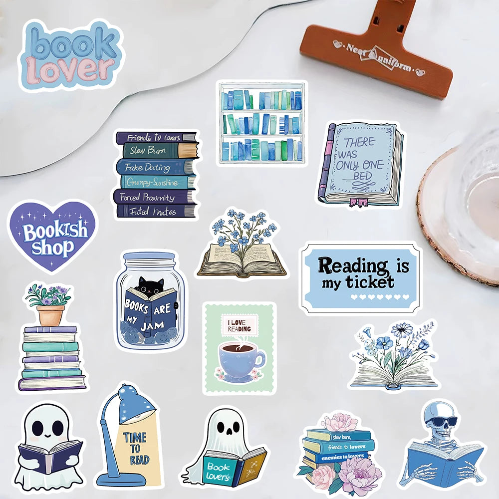 50pcs Blue Bookish Aesthetic Stickers – Creative DIY Decor for Laptops, Phones, Journals & More