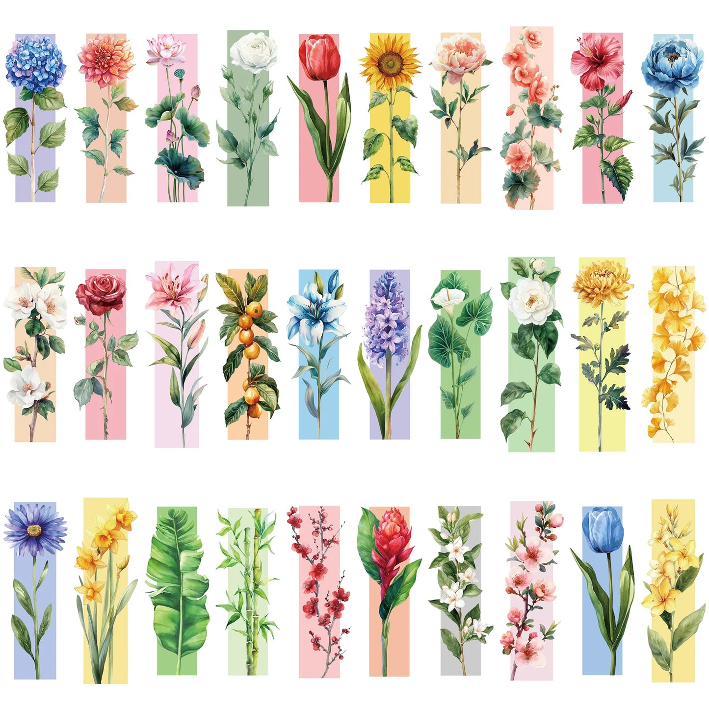 Set of 30 Watercolour Flower Bookmarks – Floral Page Markers for Readers & Students