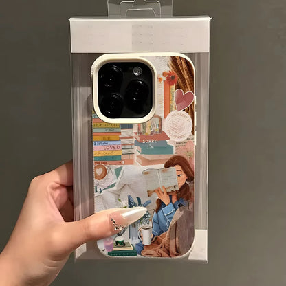 Cosy Bookish Girl Collage iPhone Case – Soft Lychee-Grain Protective Cover for iPhone X–17 Series
