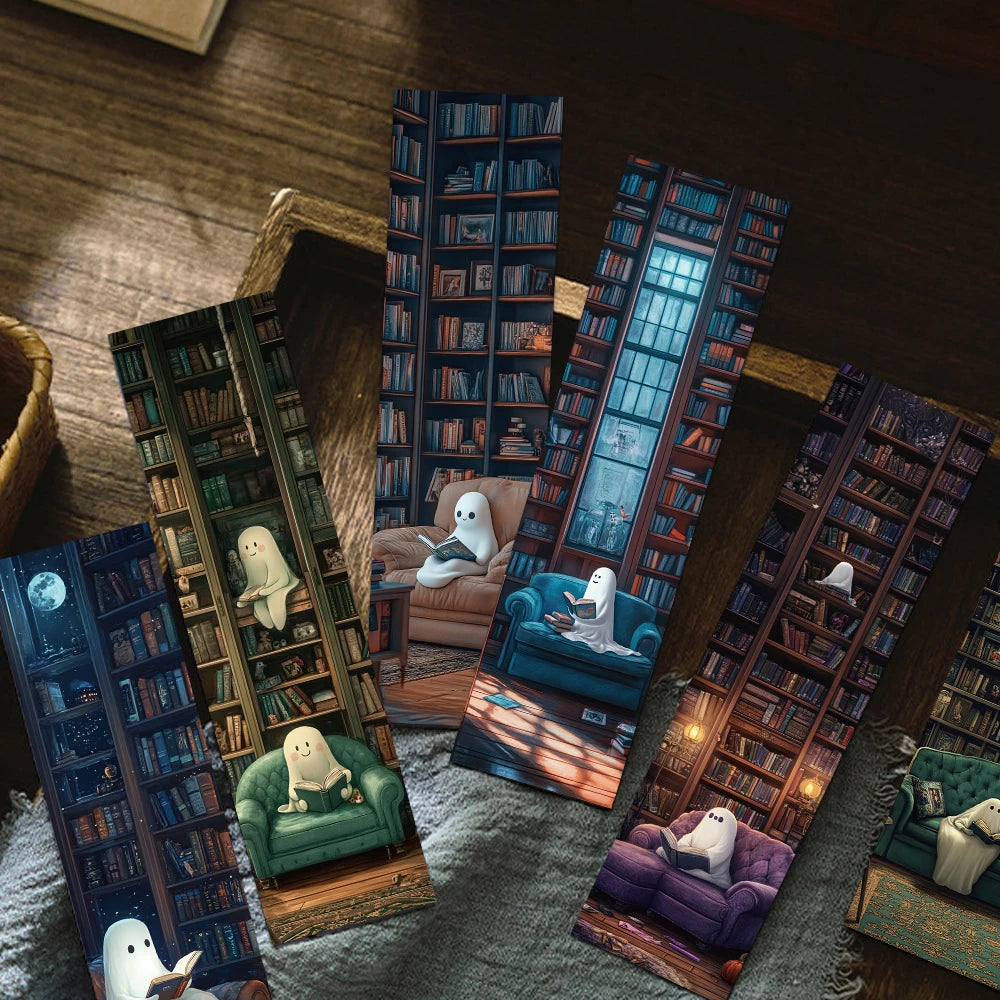 Set of 30 “Ghosts Reading in the Library” Bookmarks – Cute & Spooky Page Markers