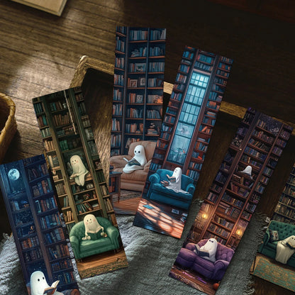 Set of 30 “Ghosts Reading in the Library” Bookmarks – Cute & Spooky Page Markers