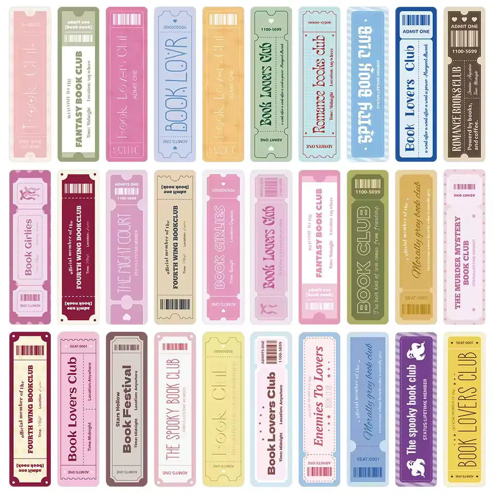 Set of 30 Literary Ticket Bookmarks – Aesthetic Page Markers for Readers